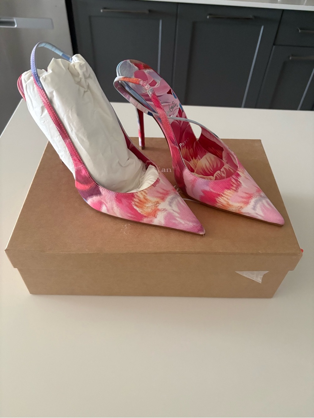 Christian Louboutin Pink Floral Pointed Slingback Heels